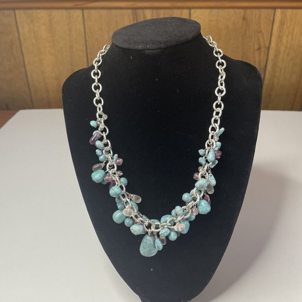 Carolina Herrera Silver Tone Gem Stone Link Chain Necklace Statement Signed VTG